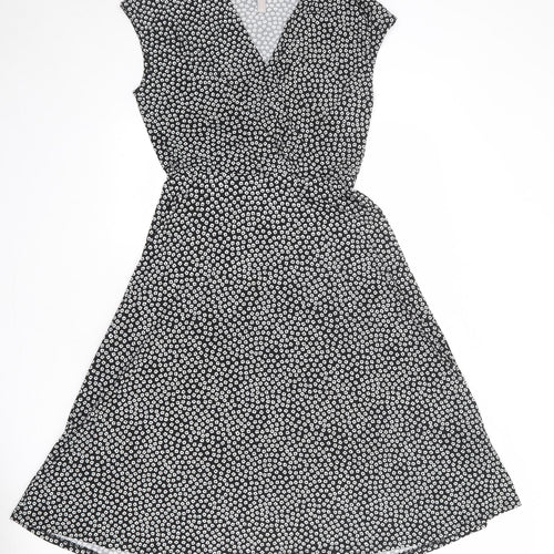 H&M Womens Black Floral Polyester Fit & Flare Size S V-Neck Pullover