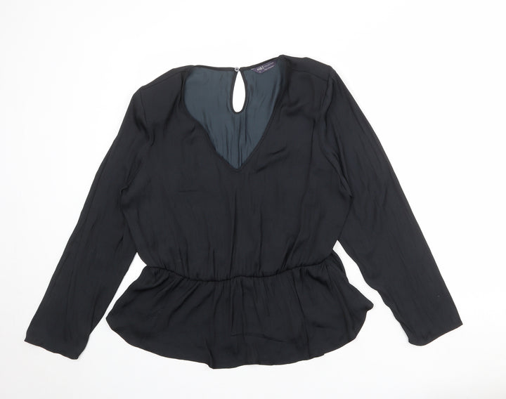 Marks and Spencer Womens Black Polyester Basic Blouse Size 10 V-Neck