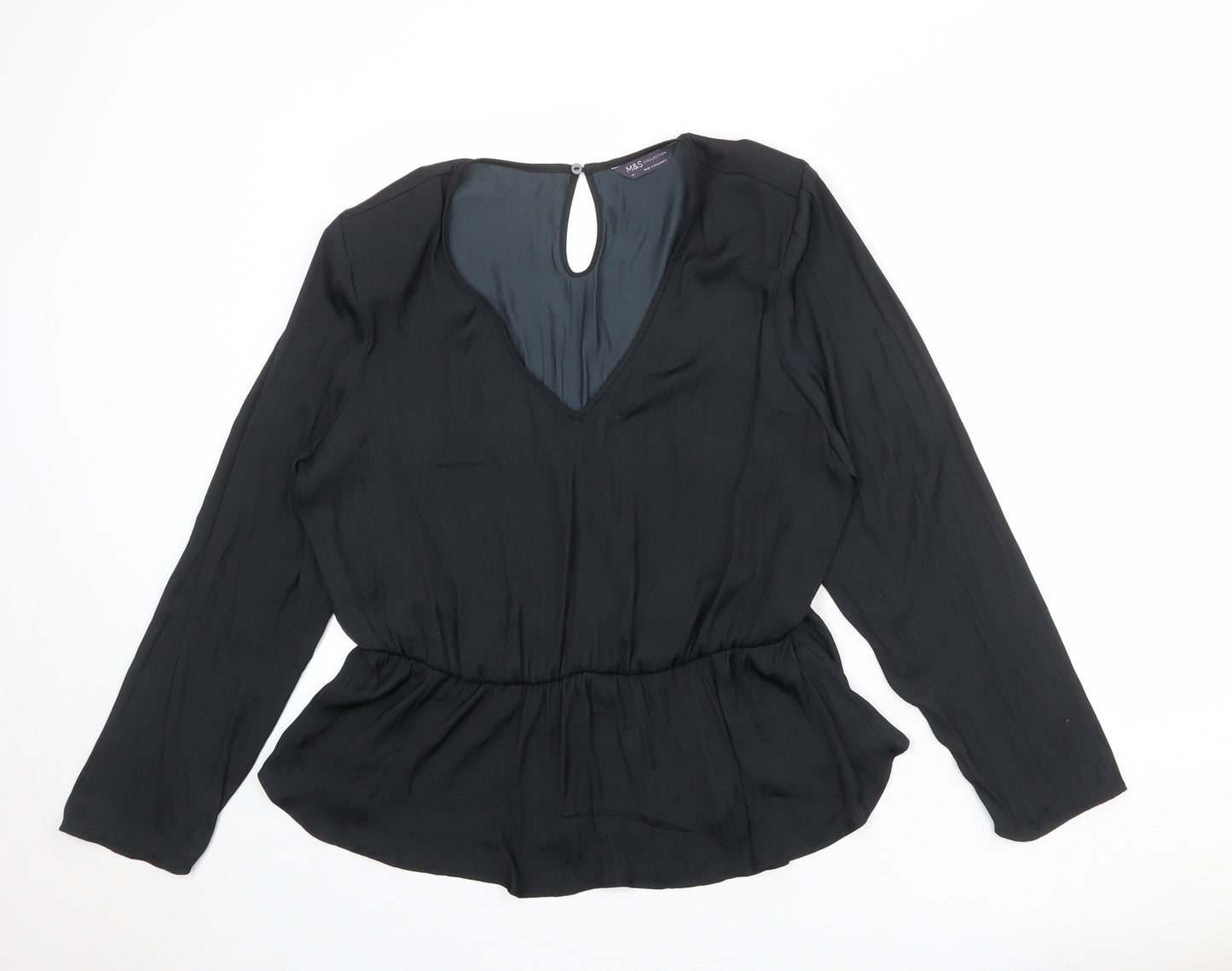 Marks and Spencer Womens Black Polyester Basic Blouse Size 10 V-Neck