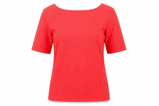 Front view of Marks & Spencer women’s red polyester basic t-shirt, size UK 12, square neck
