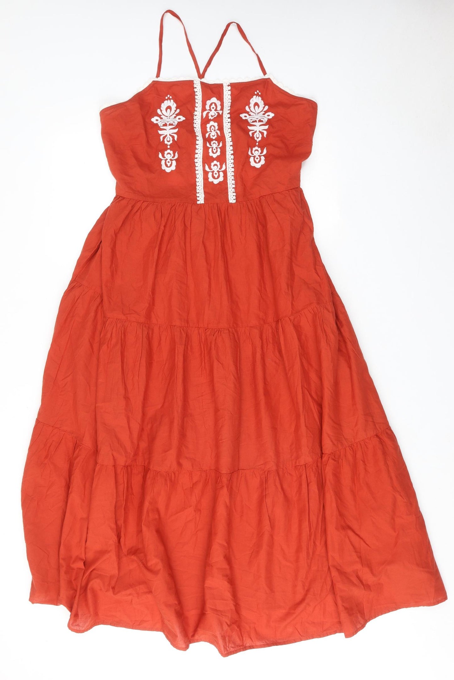 Marks and Spencer Womens Orange Cotton Maxi Size 18 Square Neck Tie - Tiered