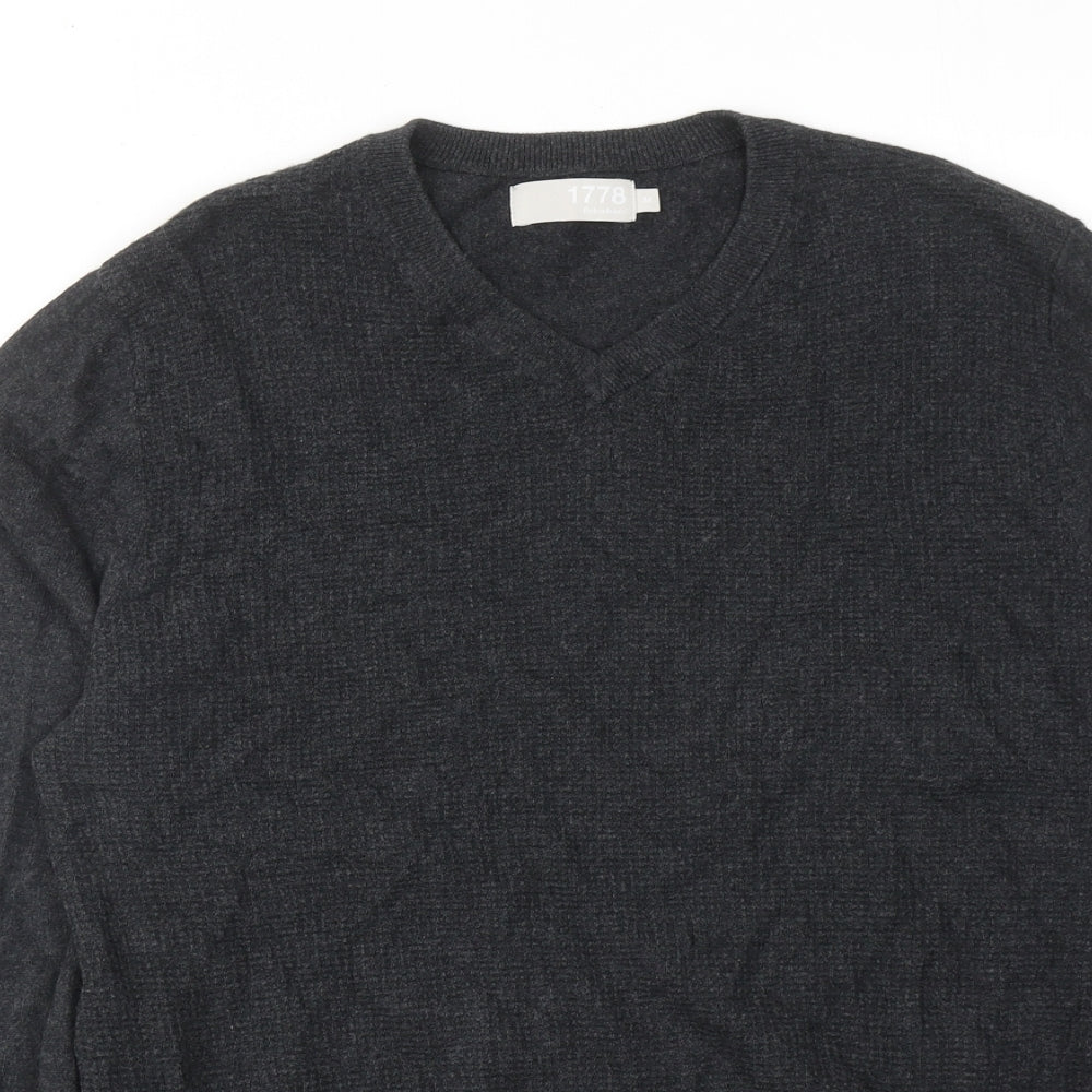 Debenhams Mens Grey V-Neck Cotton Pullover Jumper Size M Long Sleeve