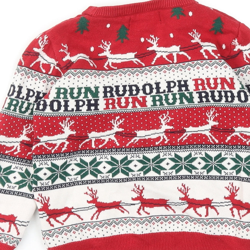 NEXT Boys Red Crew Neck Geometric Cotton Pullover Jumper Size 4-5 Years Pullover - Christmas Reindeer