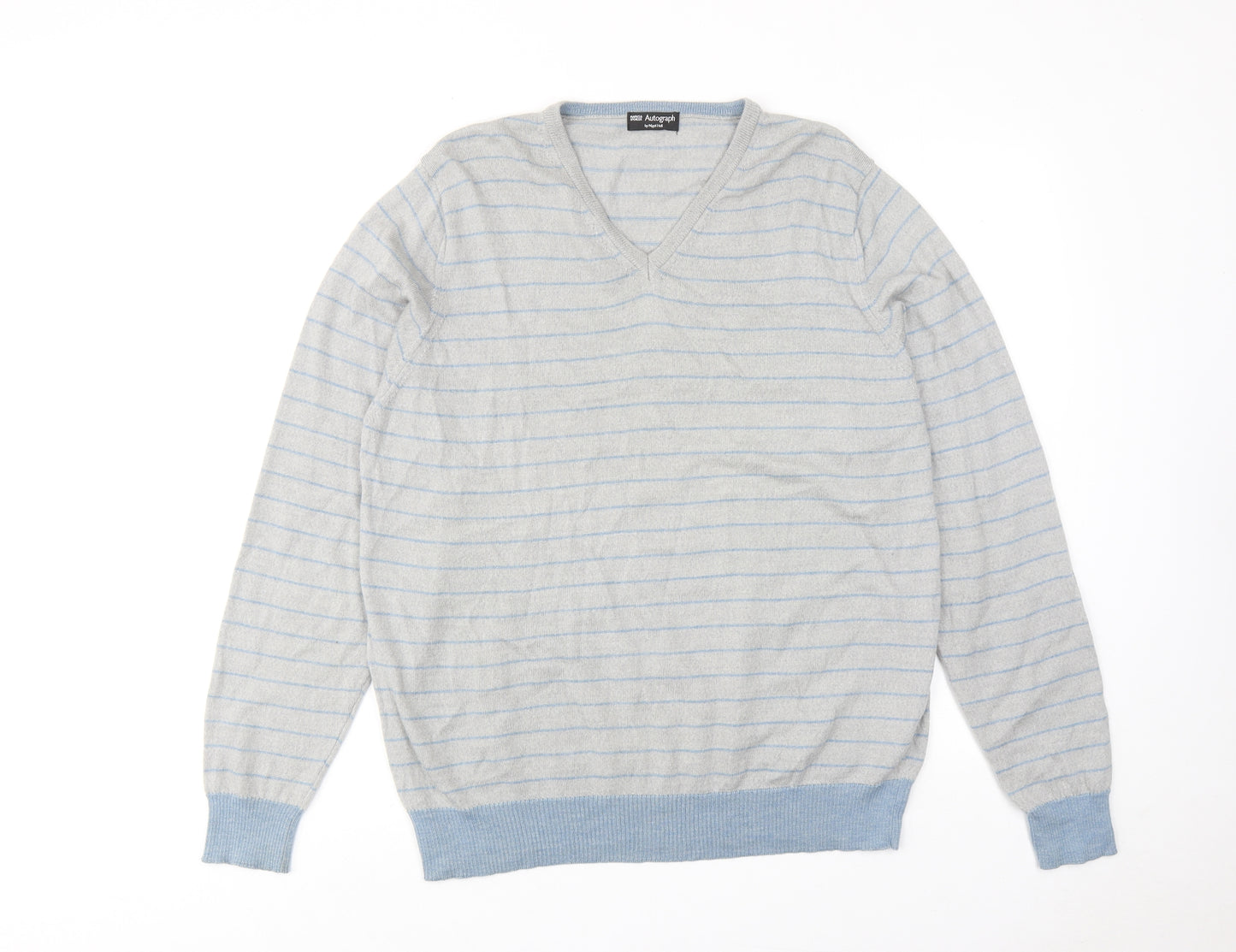Autograph Mens Grey V-Neck Striped Wool Pullover Jumper Size L Long Sleeve