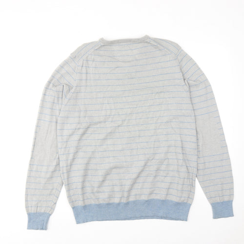 Autograph Mens Grey V-Neck Striped Wool Pullover Jumper Size L Long Sleeve