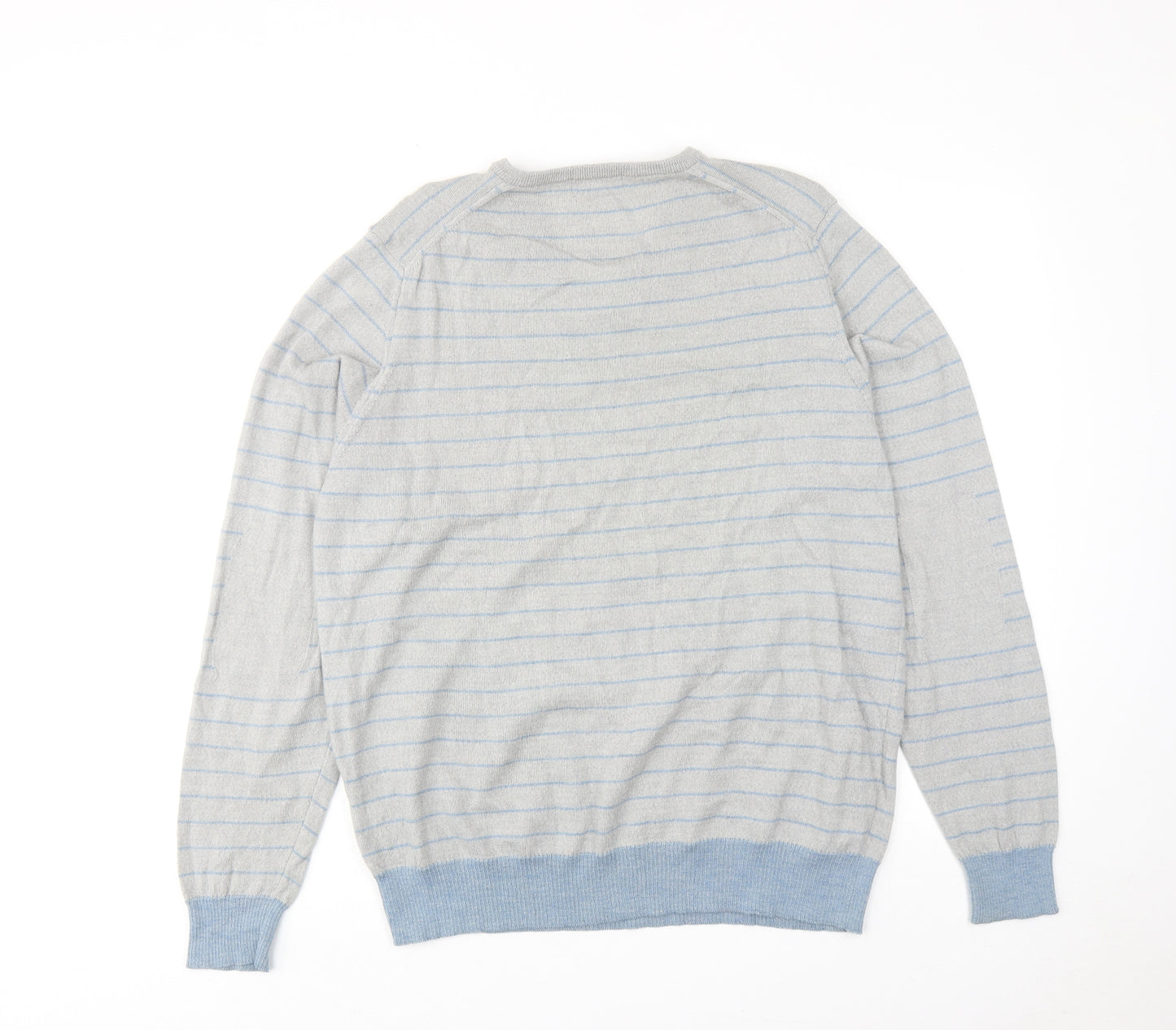 Autograph Mens Grey V-Neck Striped Wool Pullover Jumper Size L Long Sleeve