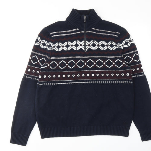 Marks and Spencer Mens Blue High Neck Geometric Polyester Henley Jumper Size L Long Sleeve