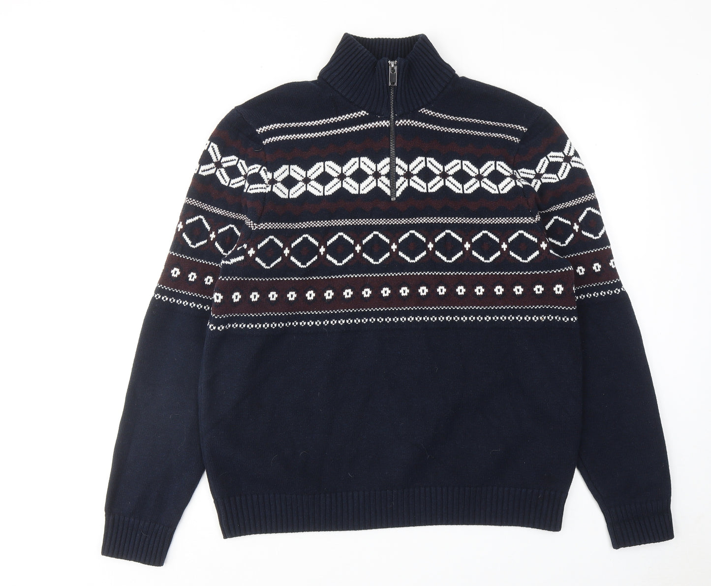 Marks and Spencer Mens Blue High Neck Geometric Polyester Henley Jumper Size L Long Sleeve