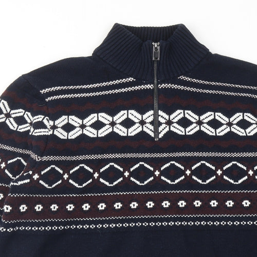 Marks and Spencer Mens Blue High Neck Geometric Polyester Henley Jumper Size L Long Sleeve