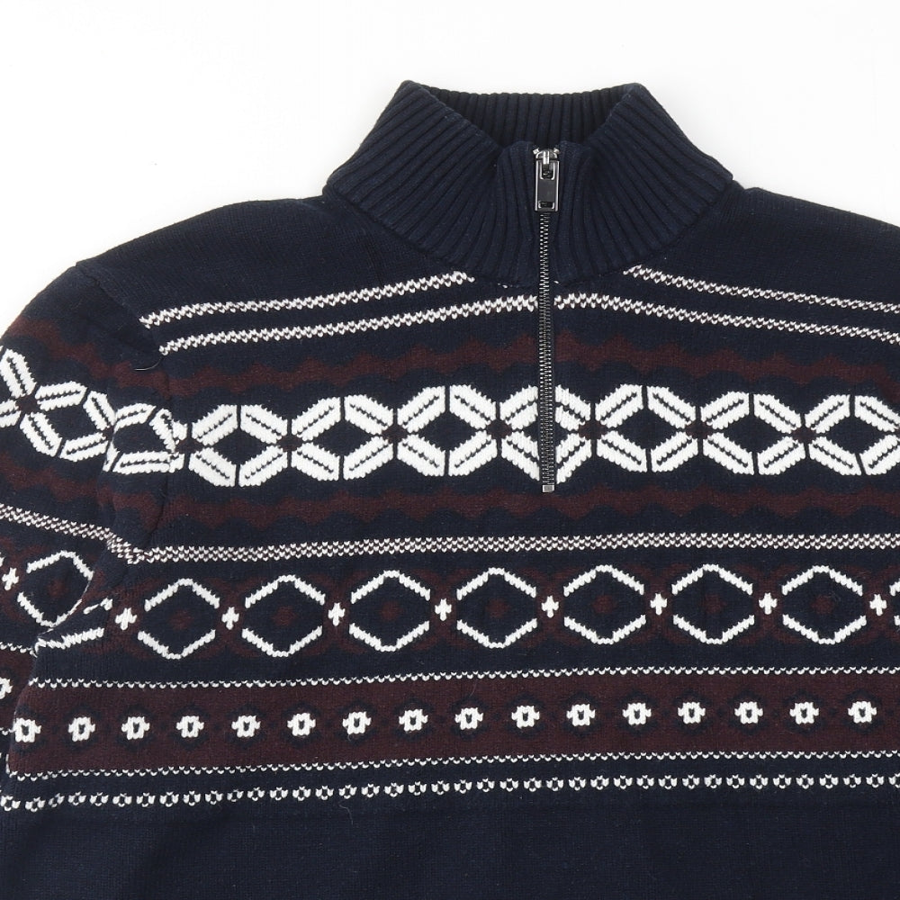 Marks and Spencer Mens Blue High Neck Geometric Polyester Henley Jumper Size L Long Sleeve