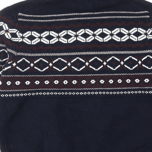 Marks and Spencer Mens Blue High Neck Geometric Polyester Henley Jumper Size L Long Sleeve