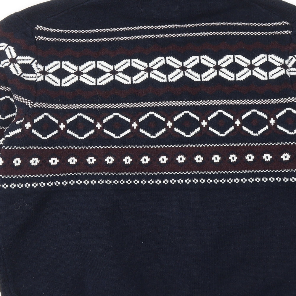 Marks and Spencer Mens Blue High Neck Geometric Polyester Henley Jumper Size L Long Sleeve