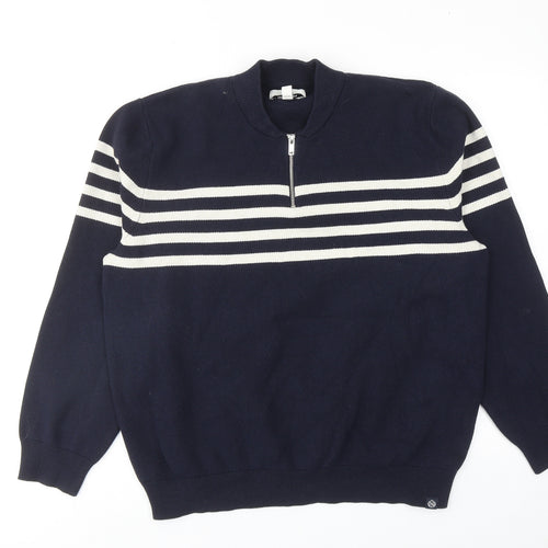 Marks and Spencer Mens Blue Round Neck Polyester Pullover Jumper Size XL Long Sleeve - Stripe Detail