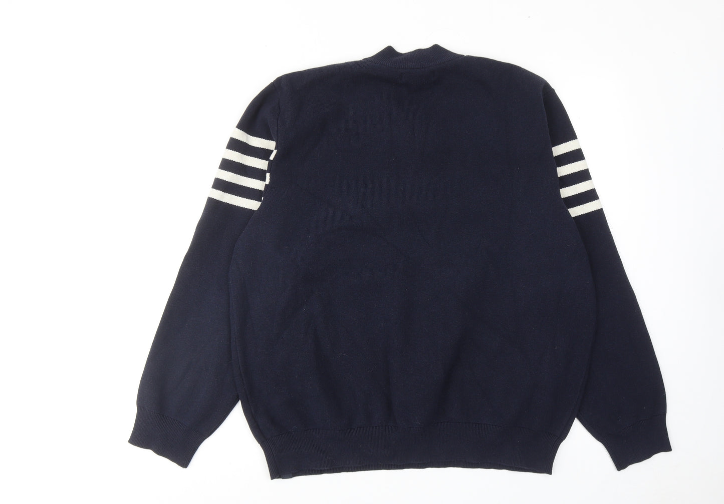 Marks and Spencer Mens Blue Round Neck Polyester Pullover Jumper Size XL Long Sleeve - Stripe Detail