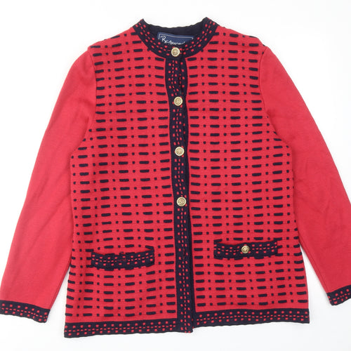 Belmondo Womens Red Round Neck Geometric Acrylic Cardigan Jumper Size 14