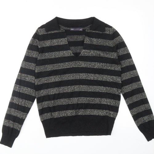 Marks and Spencer Womens Black Collared Striped Viscose Pullover Jumper Size S