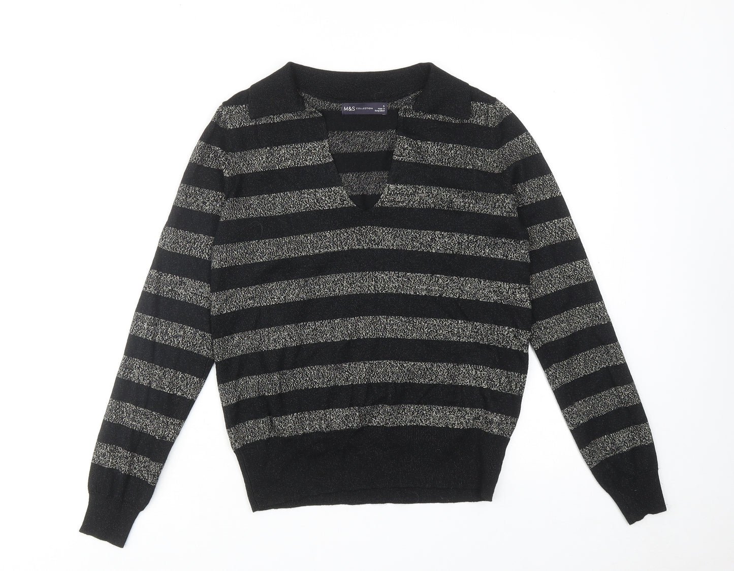 Marks and Spencer Womens Black Collared Striped Viscose Pullover Jumper Size S