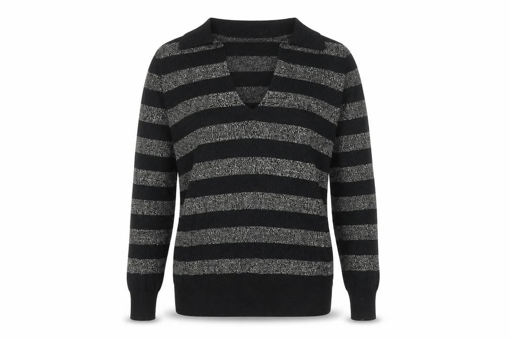 Front view of Marks & Spencer women’s black collared striped viscose jumper, size S