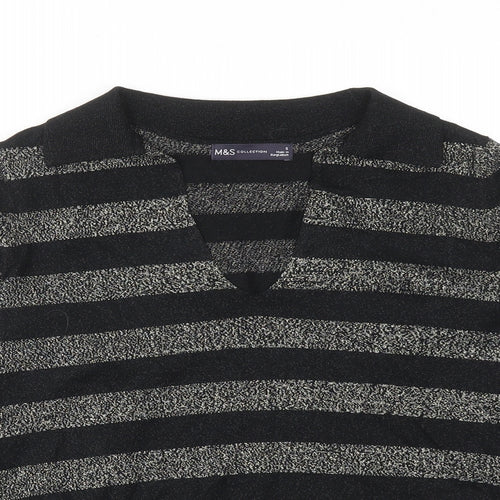 Marks and Spencer Womens Black Collared Striped Viscose Pullover Jumper Size S