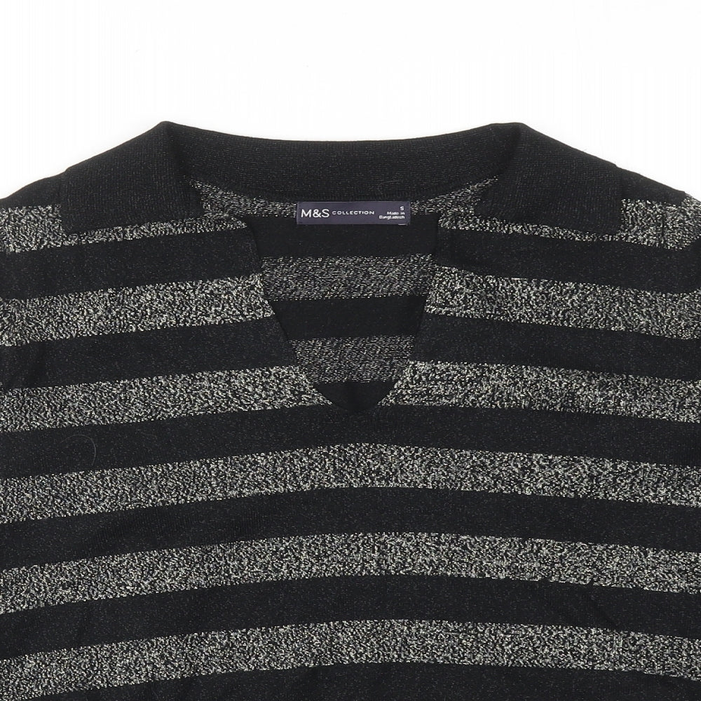 Marks and Spencer Womens Black Collared Striped Viscose Pullover Jumper Size S