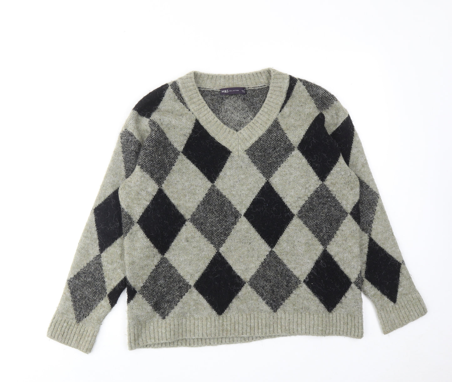 Marks and Spencer Womens Grey V-Neck Argyle/Diamond Acrylic Pullover Jumper Size S