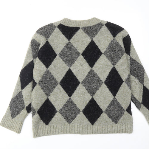 Marks and Spencer Womens Grey V-Neck Argyle/Diamond Acrylic Pullover Jumper Size S