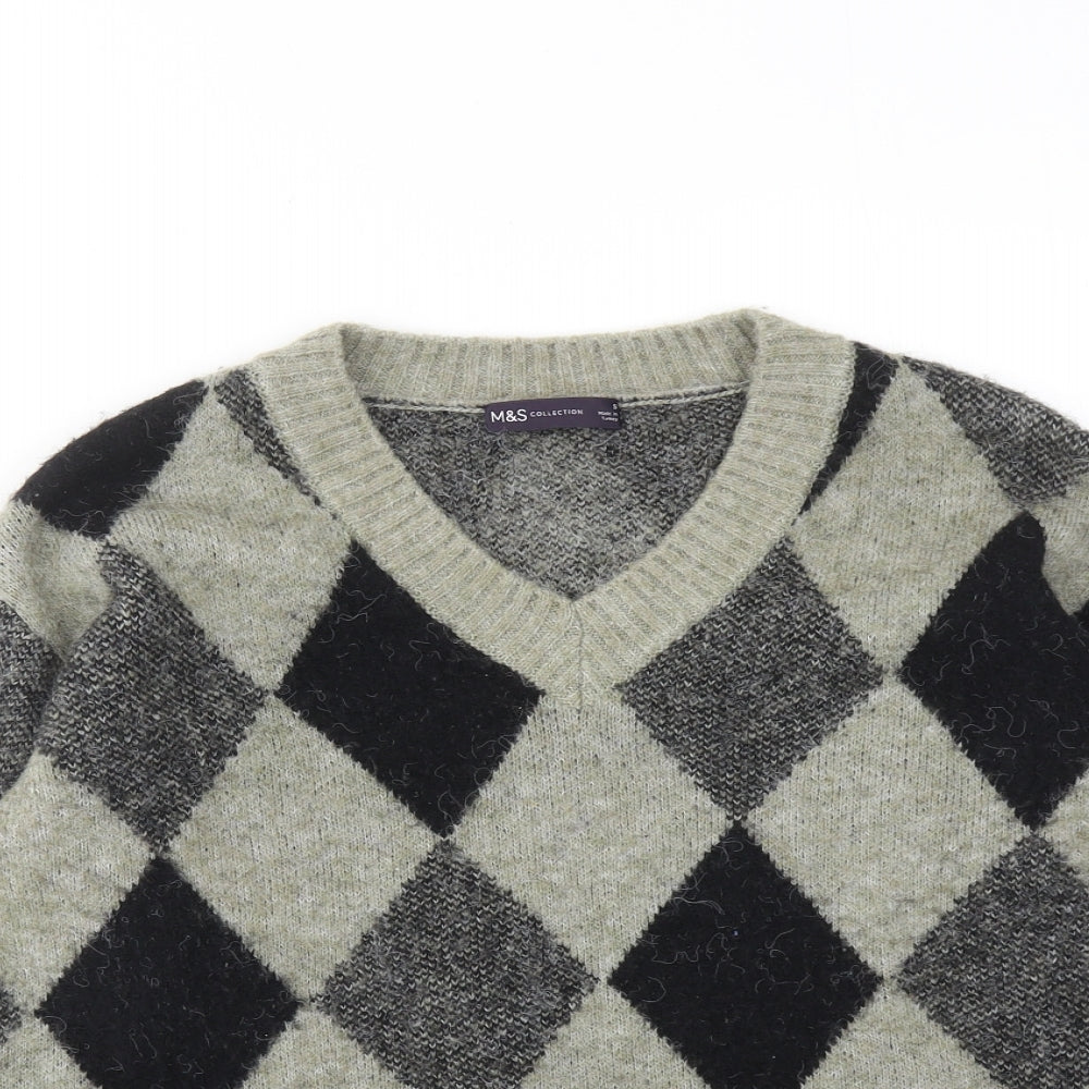 Marks and Spencer Womens Grey V-Neck Argyle/Diamond Acrylic Pullover Jumper Size S