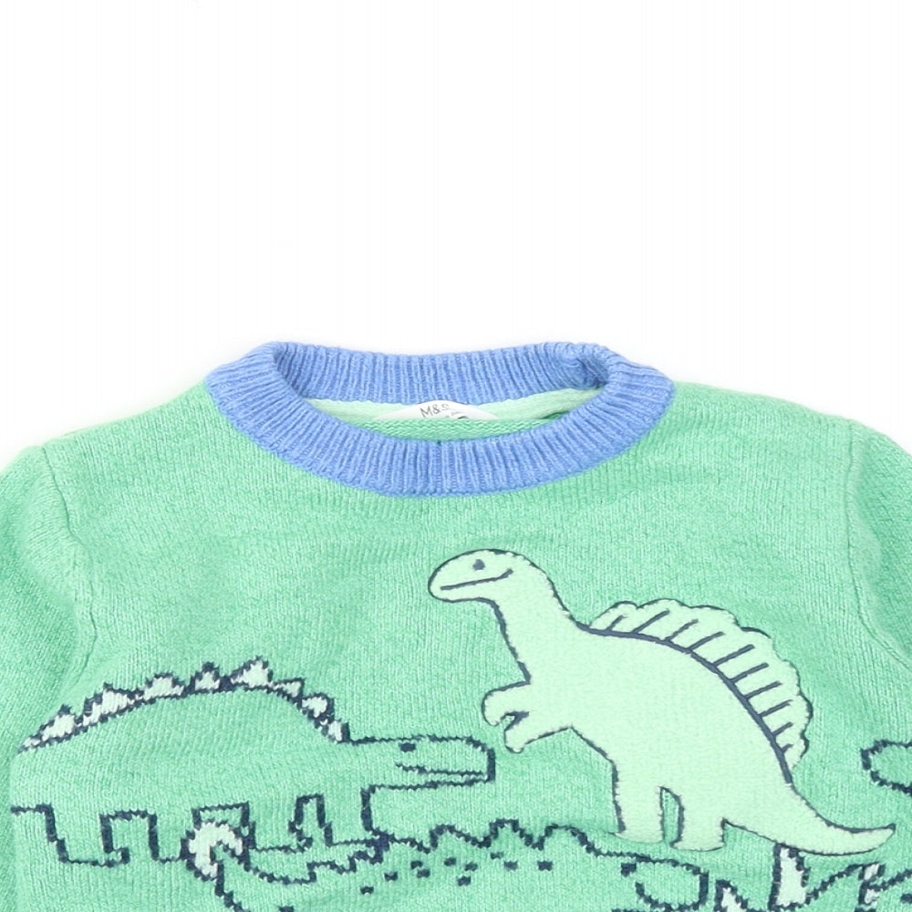 Marks and Spencer Boys Green Crew Neck Cotton Pullover Jumper Size 4-5 Years Pullover - Dinosaurs