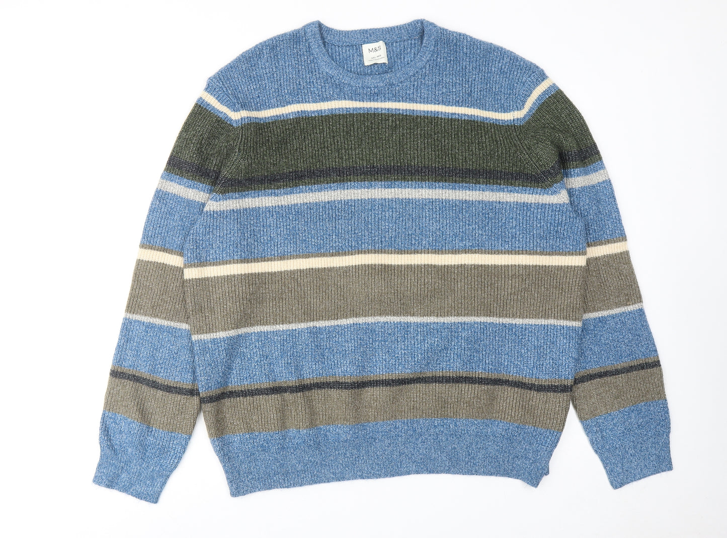 Marks and Spencer Mens Blue Round Neck Striped Polyamide Pullover Jumper Size 2XL Long Sleeve