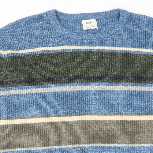 Marks and Spencer Mens Blue Round Neck Striped Polyamide Pullover Jumper Size 2XL Long Sleeve