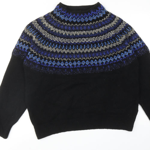 Marks and Spencer Womens Black High Neck Fair Isle Acrylic Pullover Jumper Size L