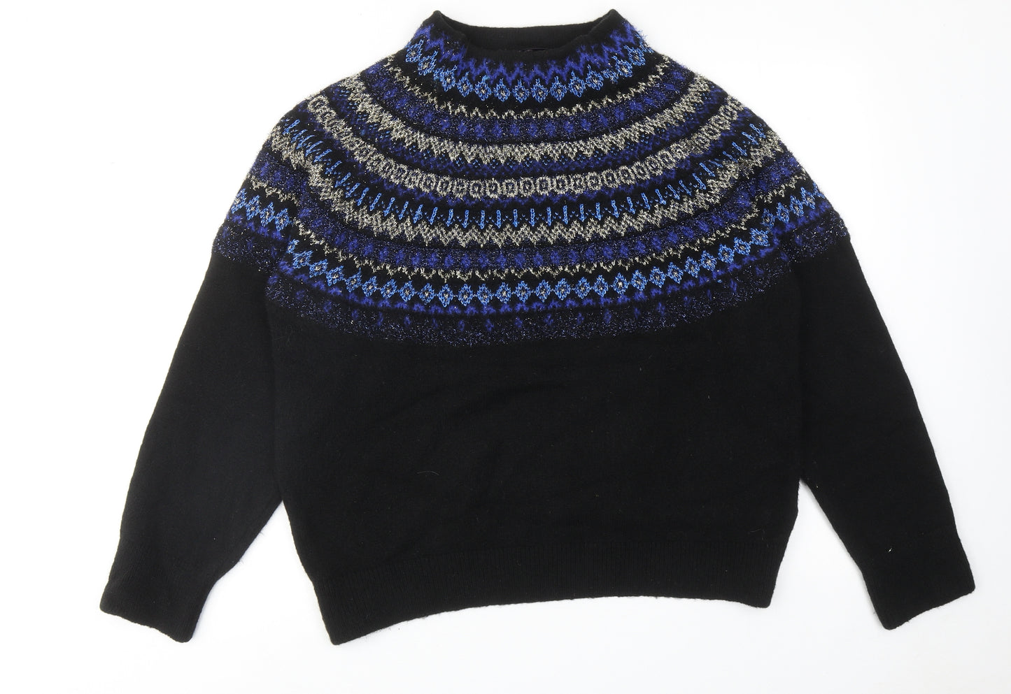 Marks and Spencer Womens Black High Neck Fair Isle Acrylic Pullover Jumper Size L