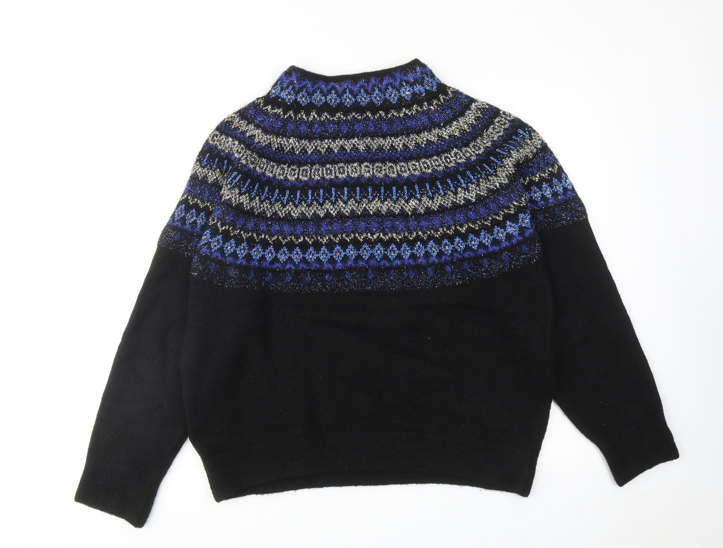 Marks and Spencer Womens Black High Neck Fair Isle Acrylic Pullover Jumper Size L
