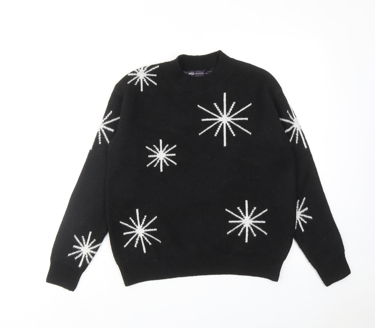 Marks and Spencer Womens Black Round Neck Geometric Polyester Pullover Jumper Size S