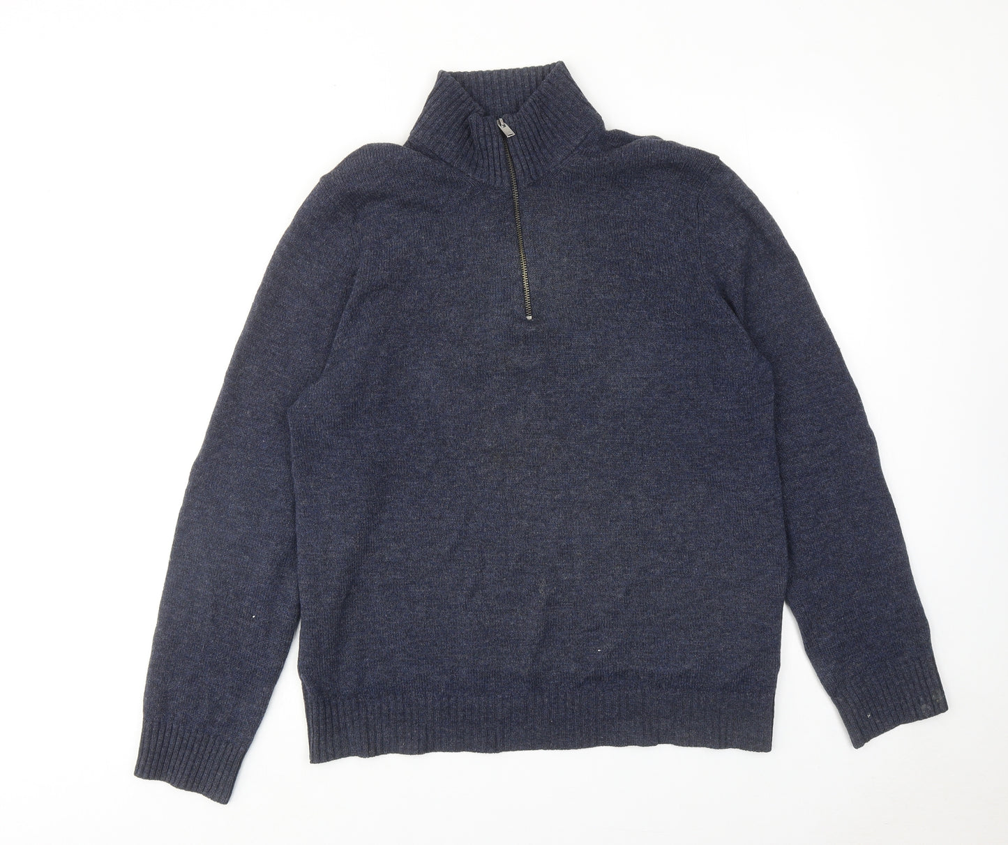 Marks and Spencer Mens Blue High Neck Wool Henley Jumper Size L Long Sleeve
