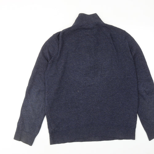 Marks and Spencer Mens Blue High Neck Wool Henley Jumper Size L Long Sleeve
