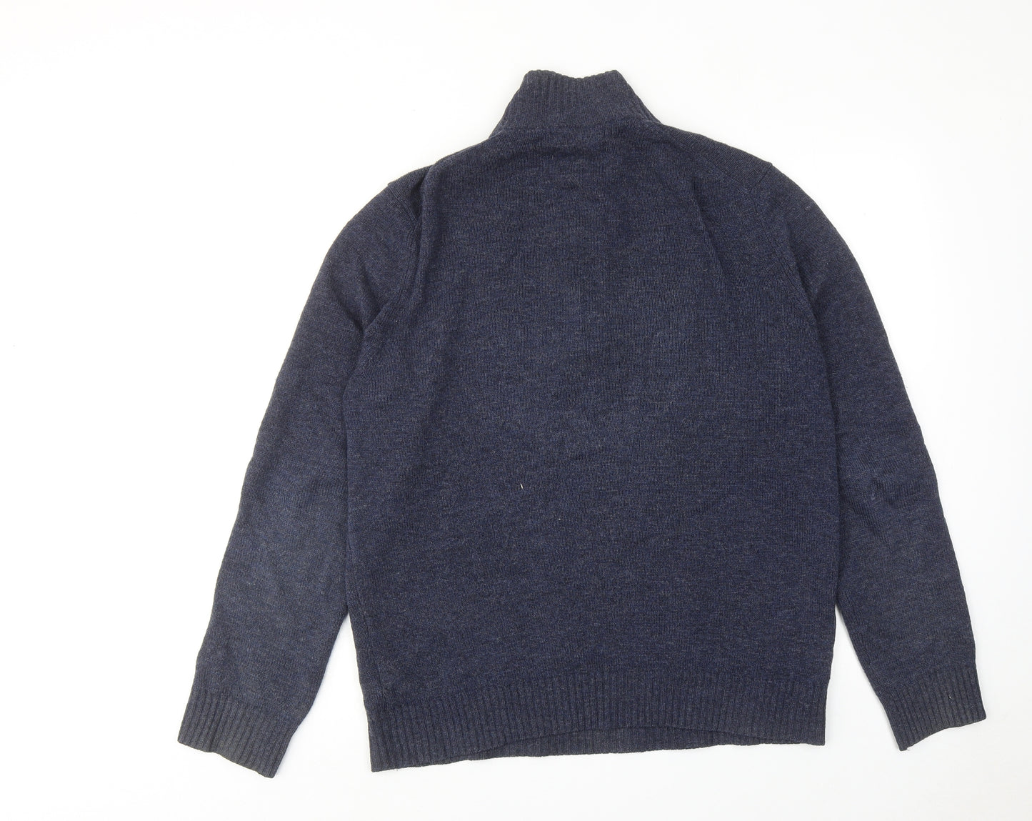 Marks and Spencer Mens Blue High Neck Wool Henley Jumper Size L Long Sleeve