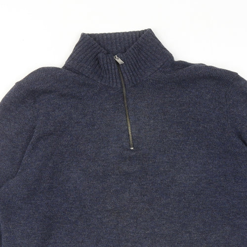 Marks and Spencer Mens Blue High Neck Wool Henley Jumper Size L Long Sleeve
