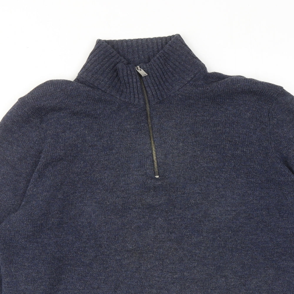 Marks and Spencer Mens Blue High Neck Wool Henley Jumper Size L Long Sleeve