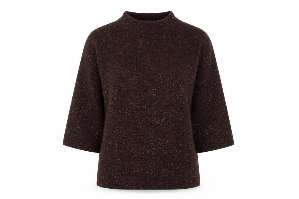 Front view of Warehouse women’s brown mock neck acrylic jumper, size UK 8