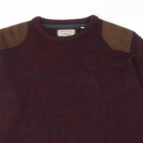 Brave Soul Mens Red Round Neck Acrylic Pullover Jumper Size L Long Sleeve
