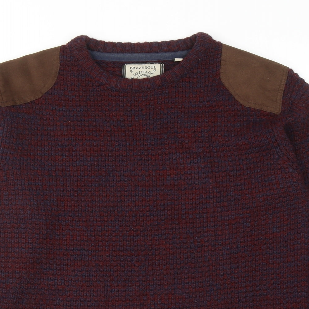 Brave Soul Mens Red Round Neck Acrylic Pullover Jumper Size L Long Sleeve