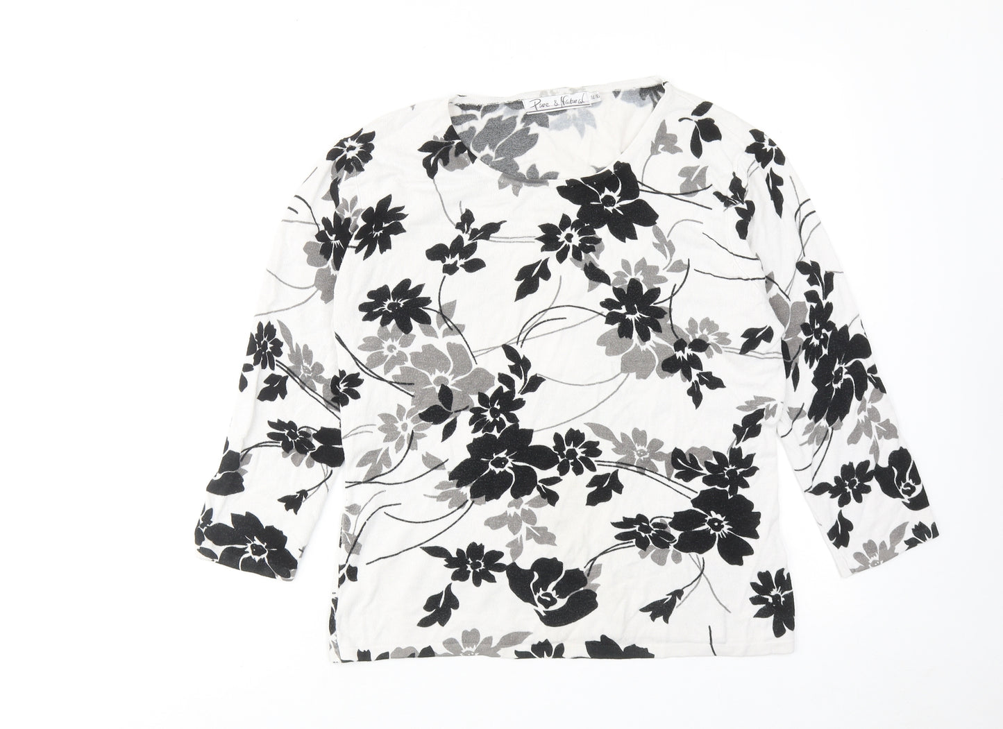 Pure & Natural Womens White Round Neck Floral Acrylic Pullover Jumper Size 14 - Size 14-16