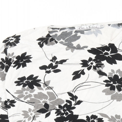 Pure & Natural Womens White Round Neck Floral Acrylic Pullover Jumper Size 14 - Size 14-16
