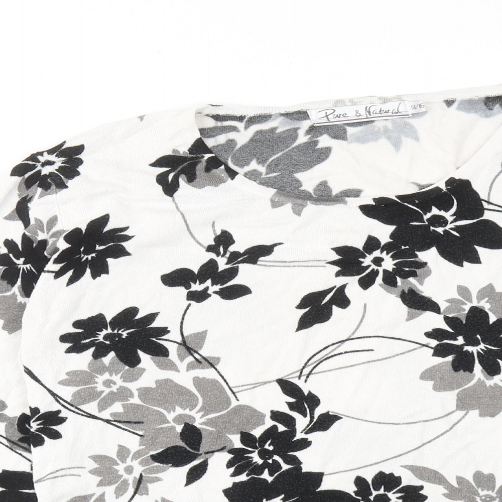 Pure & Natural Womens White Round Neck Floral Acrylic Pullover Jumper Size 14 - Size 14-16