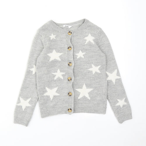 M&Co Girls Grey Boat Neck Geometric Acrylic Cardigan Jumper Size 8-9 Years Button - Star Print