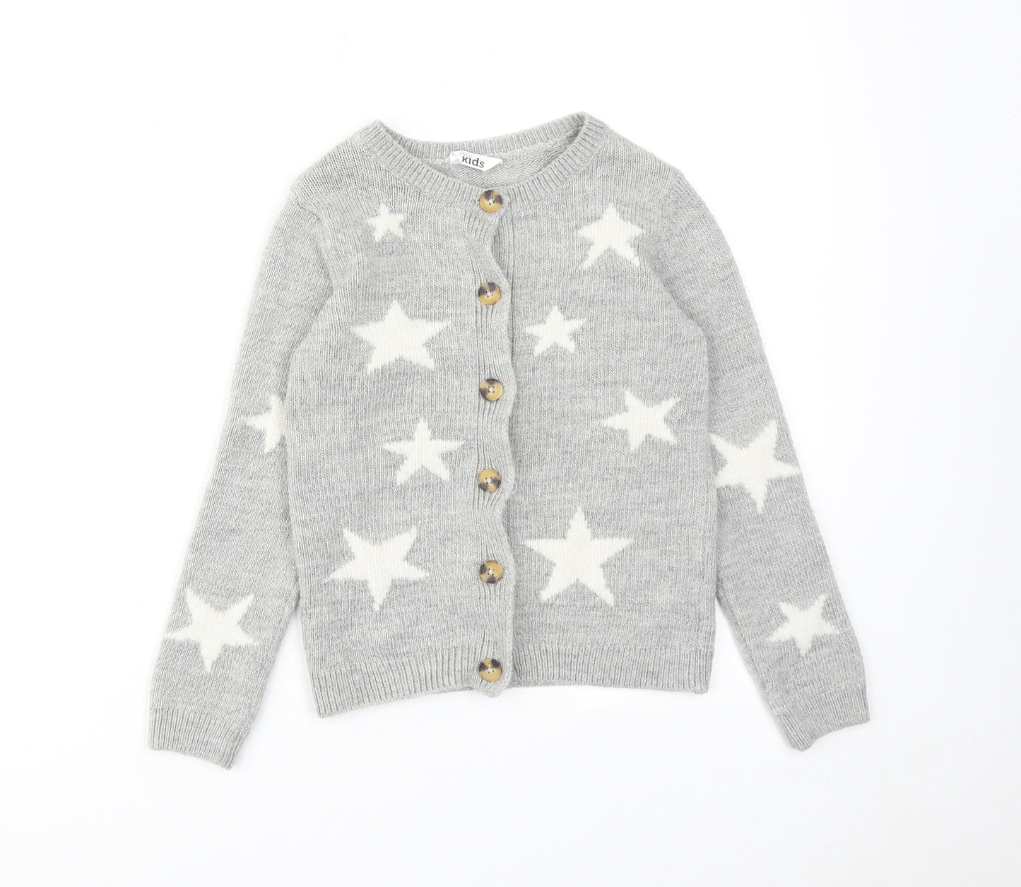 M&Co Girls Grey Boat Neck Geometric Acrylic Cardigan Jumper Size 8-9 Years Button - Star Print