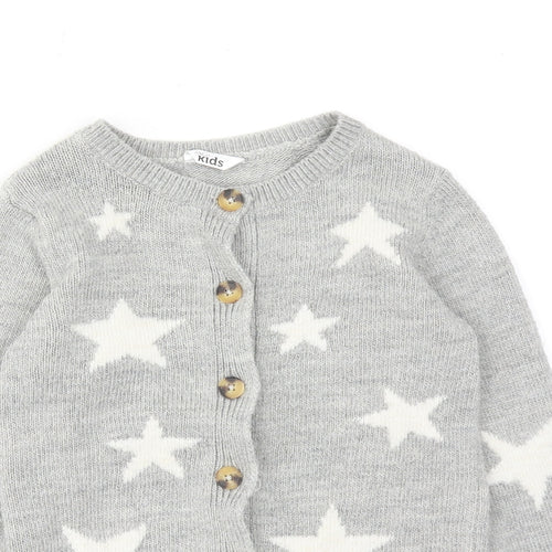 M&Co Girls Grey Boat Neck Geometric Acrylic Cardigan Jumper Size 8-9 Years Button - Star Print