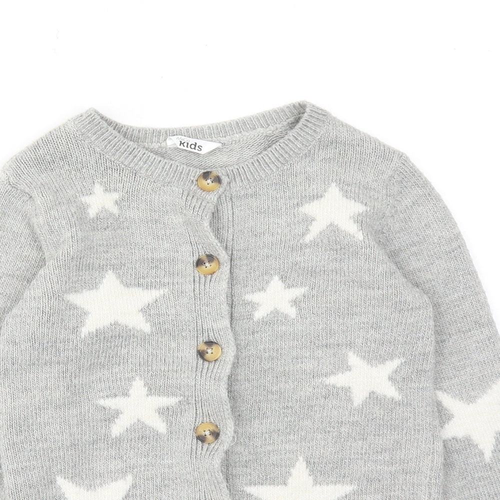 M&Co Girls Grey Boat Neck Geometric Acrylic Cardigan Jumper Size 8-9 Years Button - Star Print