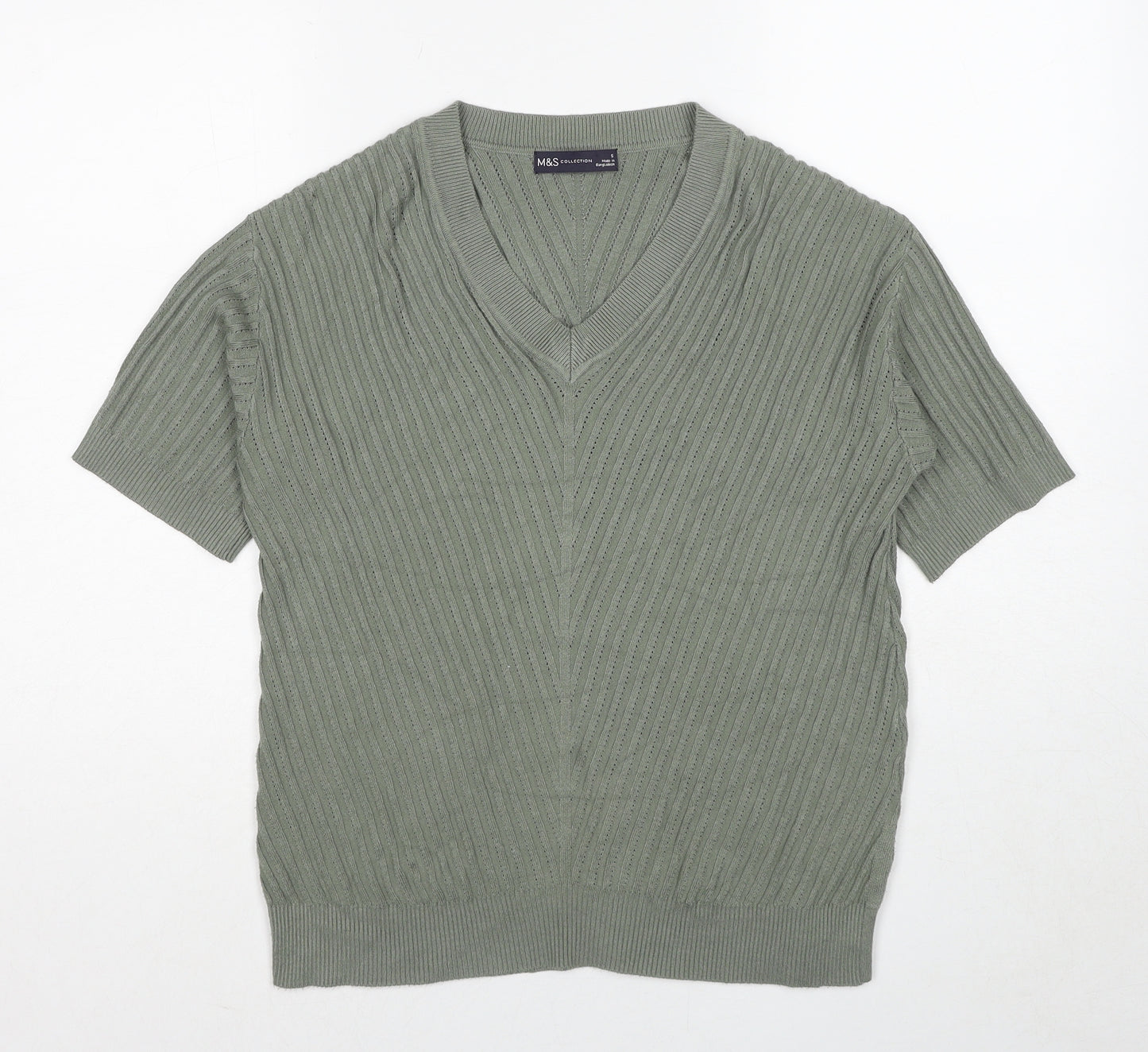 Marks and Spencer Womens Green Viscose Basic T-Shirt Size S V-Neck
